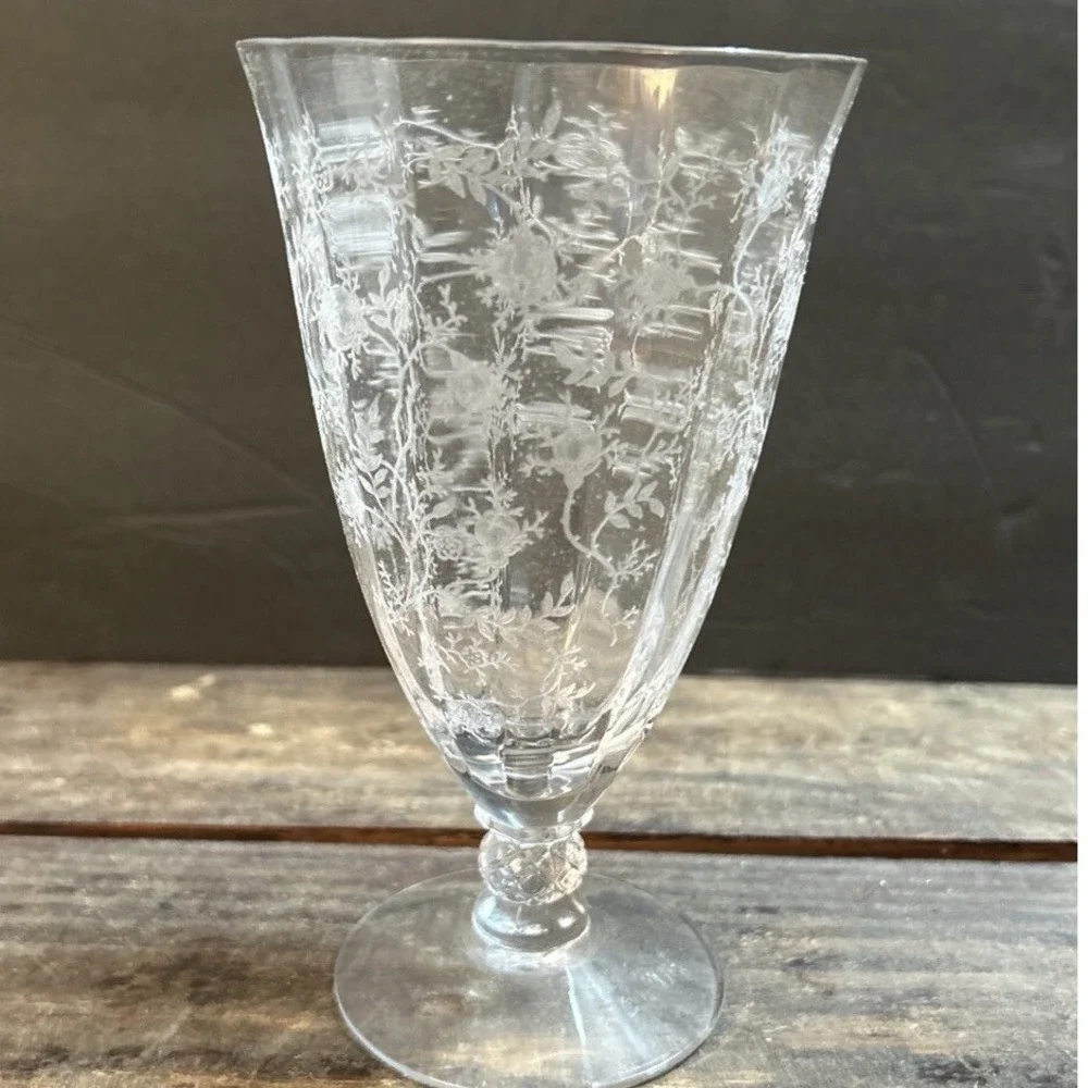 Fostoria Chintz Baroque Etched Floral Clear Glass Footed Water Goblet Stemware